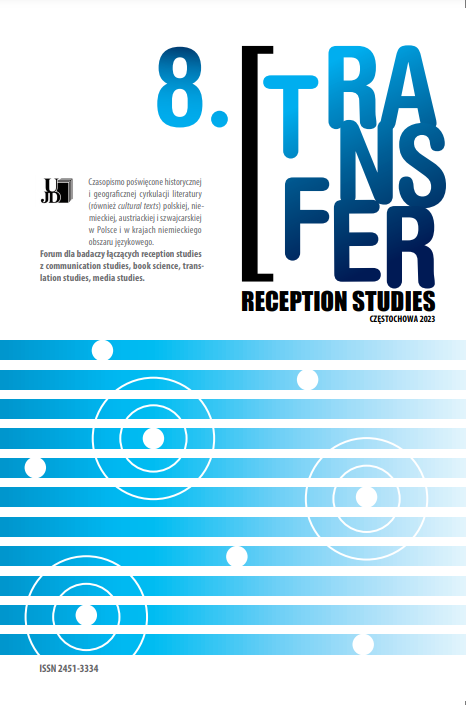 Okładka aktualnego numeru czasopisma naukowego „Transfer. Reception Studies”